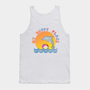 MY HAPPY PLACE Beach Sun Dolphin Waves Ball Illustration Tank Top